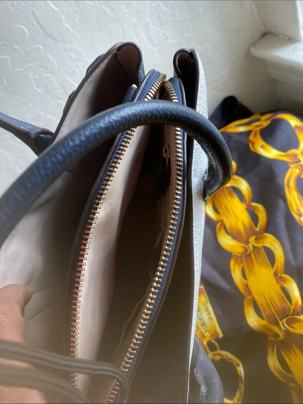 kate spade White Pebbled Satchel with Black Handles and Pink & Orange